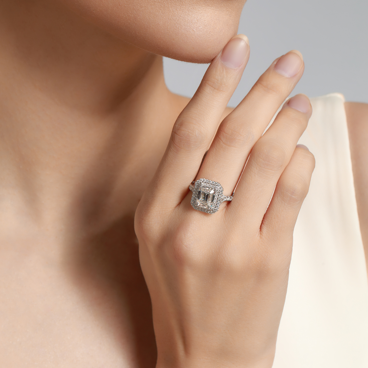 3 Carat Center Stonet Double Halo Emerald Cut Lab Grown Diamond Engagement Ring  (3.7 Ct Tw)-Light Mark