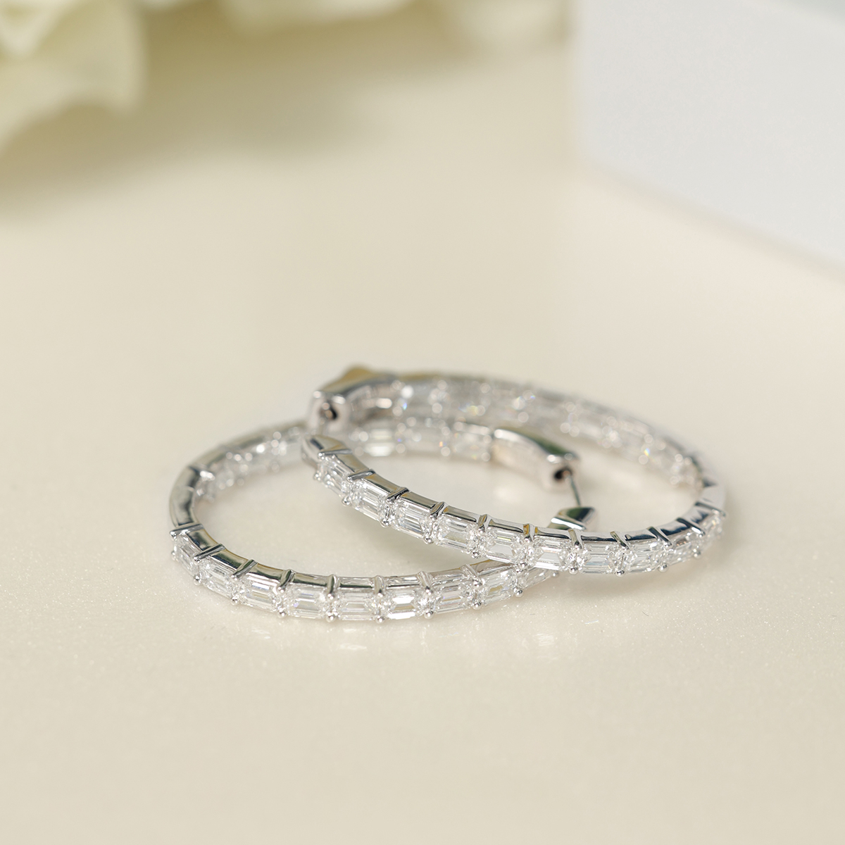 5 Carat Total Weight Emerald Cut Inside Out Diamond Hoop Earrings in 18k White Gold