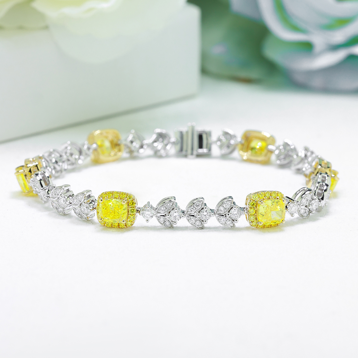 5.3 Carat Total Weight Halo Yellow Radiant Cut Lab Grown Diamond Mix Shape Cocktail Bracelet-Light Mark