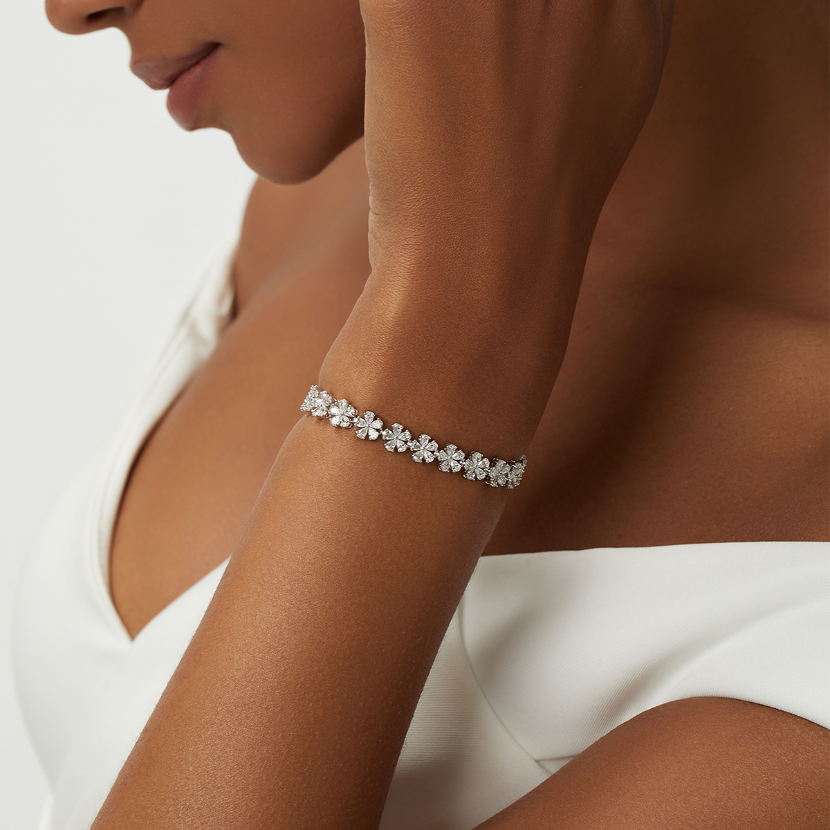 5.9 Carat Total Weight Five Petal Pear Cut Lab Grown Diamond Floral Tennis Bracelet-Light Mark