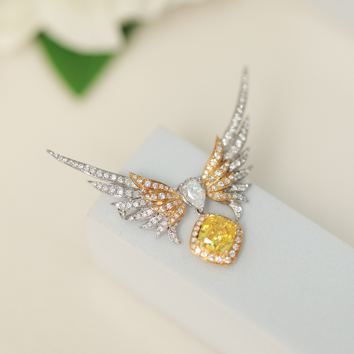 1.5 Carat Center Stone Cushion Cut Yellow Diamond Drop with Double Layers Diamond Victory Wings Brooch (2.5 Ct Tw)-Light Mark