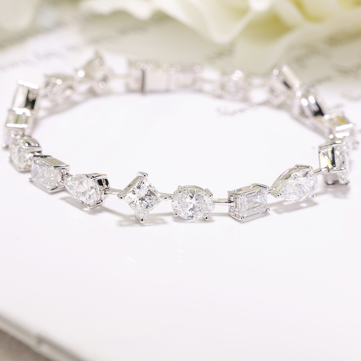 10 Carat Total Weight Multi-shaped Lab Grown Diamond Tennis Bracelet in 18k White Gold