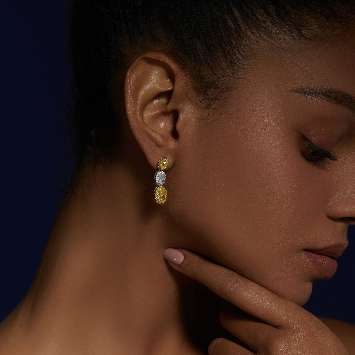 4.4 Carat Total Weight Halo Oval Three Stone Yellow and White Lab Grown Diamond Drop Earrings-Light Mark