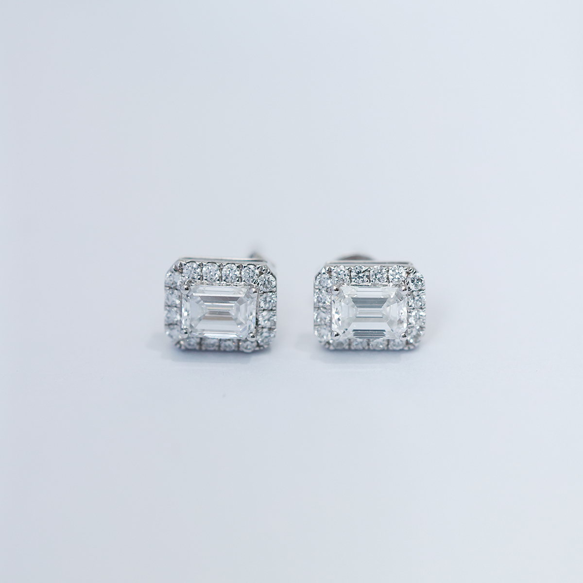 1 Carat Total Weight Halo Emerald Cut Lab Grown Diamond Stud Earrings in 18k White Gold