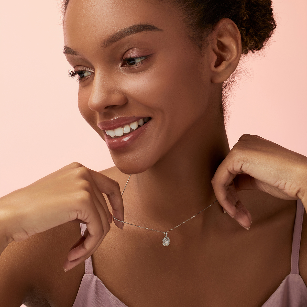 1 Carat Total Weight Cluster Halo Round Cut Geometric Shape Pendant Chain Necklace in 18k White Gold