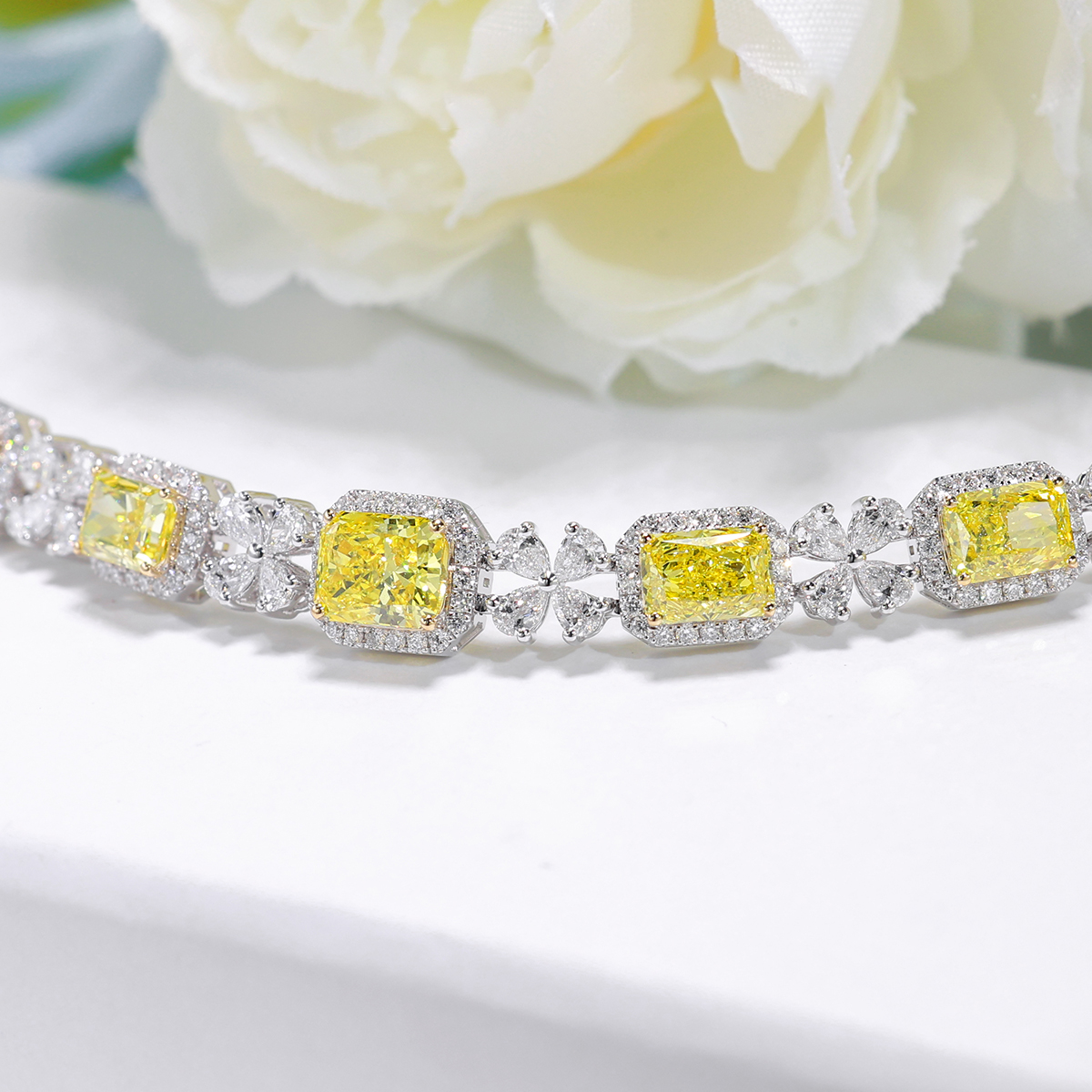 10.3 Carat Total Weight Halo Yellow Radiant Cut Lab Grown Diamond Floral Cocktail Bracelet -Light Mark