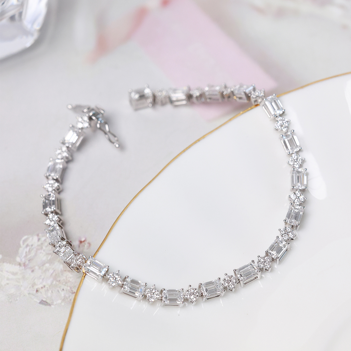 5.5 Carat Total Weight Emerald Cut and Round Cut Lab Grown Diamond Flower Cluster Bracelet-Light Mark