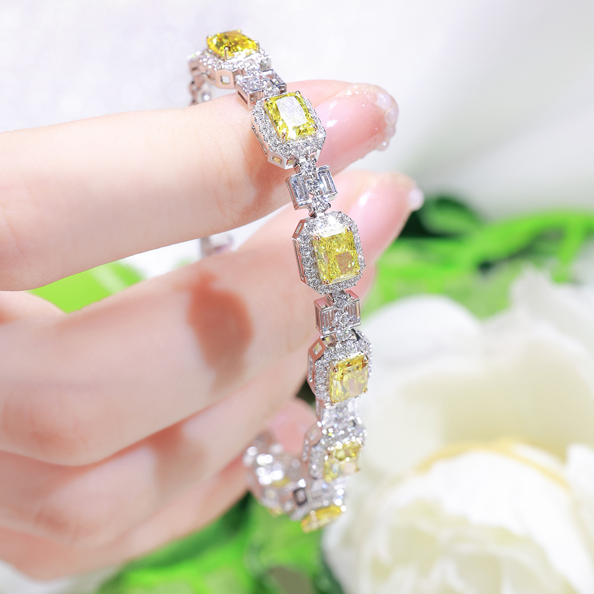 8.3 Carat Total Weight Yellow and White Halo Radiant Cut Lab Grown Diamond Mix Shape Bracelet-Light Mark