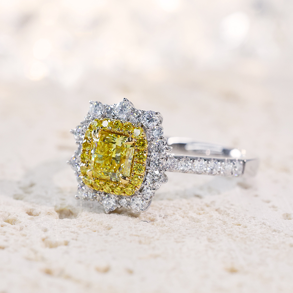1.4 Carat Total Weight Yellow Radiant Cut Lab Grown Diamond Halo Engagement Ring in 18k White Gold