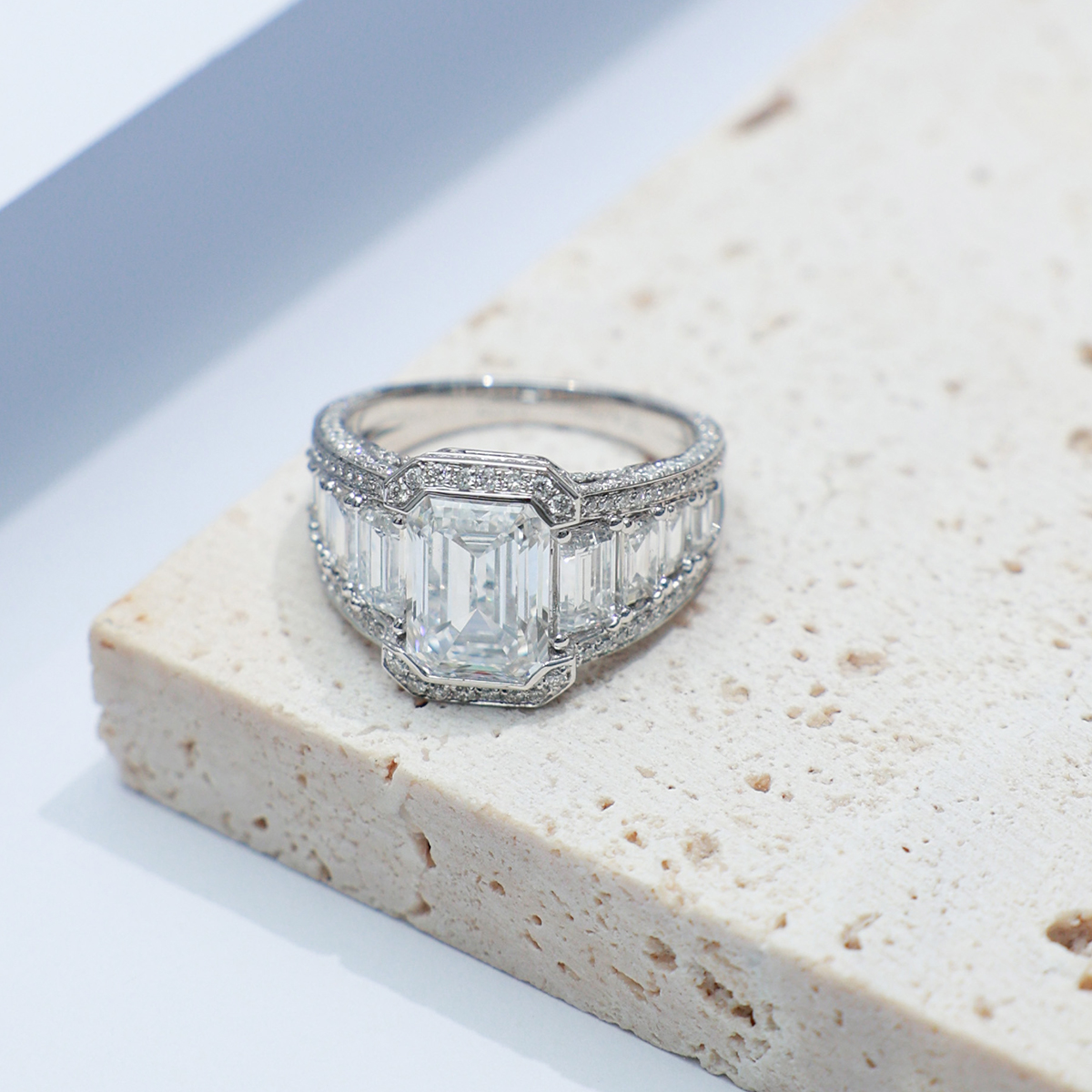3 Carat Center Stone Emerald Cut Lab Grown Diamond Designer Split Shank Engagement Ring (4.7 Ct Tw)-Light Mark
