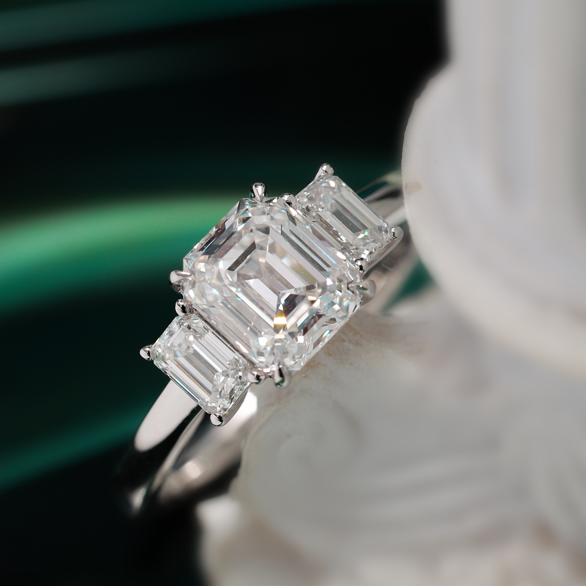  3 Carat Center Stone Emerald Cut Lab Grown Diamond Three Stone Design Engagement Ring (3.5 Ct Tw)-Light Mark