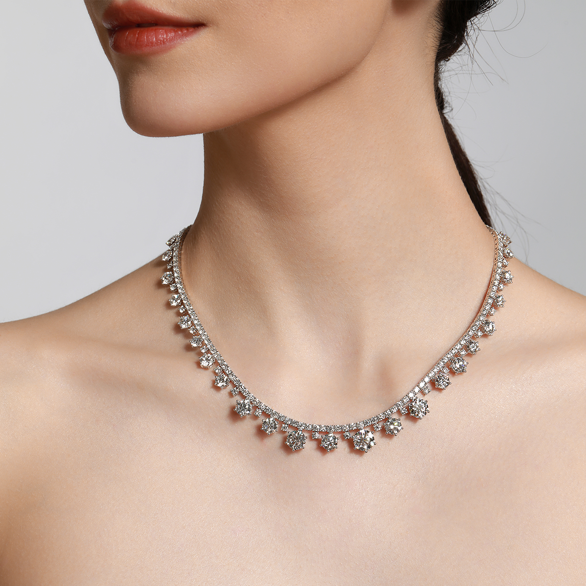 30.7 Carat Total Weight Graduated Round Cut Dangle Lab Grown Diamond Drops Riviera Necklace-Light Mark
