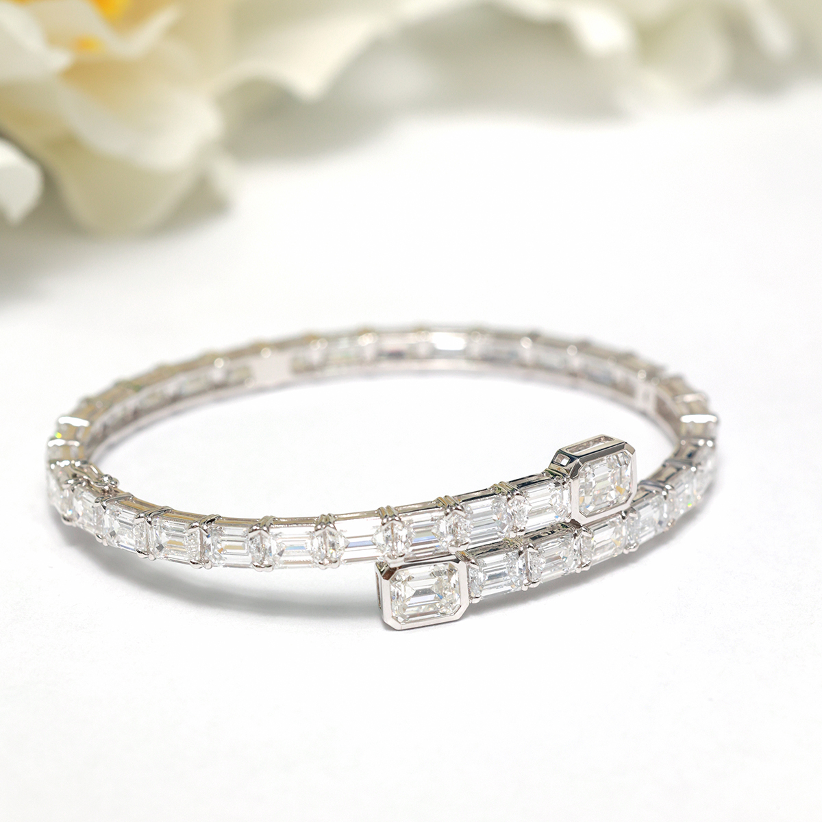 18 Carat Total Weight Statement Emerald Cut Lab Grown Diamond Overlap Bangle Bracelet-Light Mark