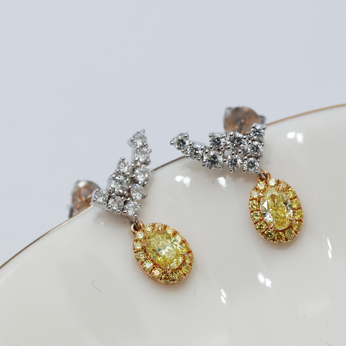 1.3 Carat Total Weight Halo Oval Cut Yellow and White Lab Grown Diamond Drop Earrings