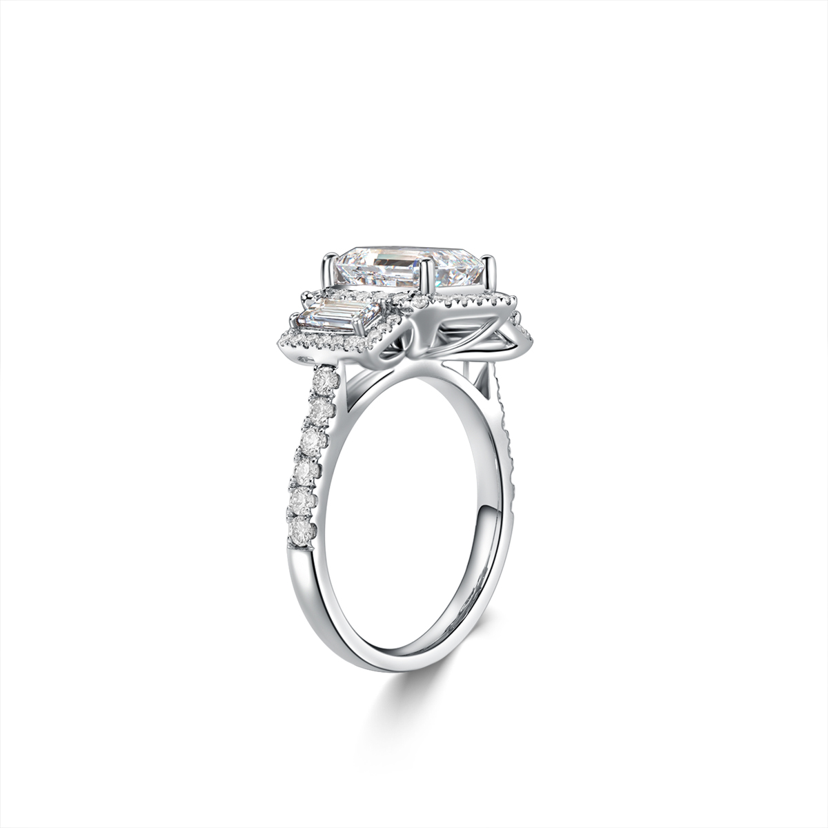 2.5 Carat Center Stone Three Stone Halo Emerald Cut Lab Grown Diamond Engagement Ring (3.4 Ct Tw) -Light Mark