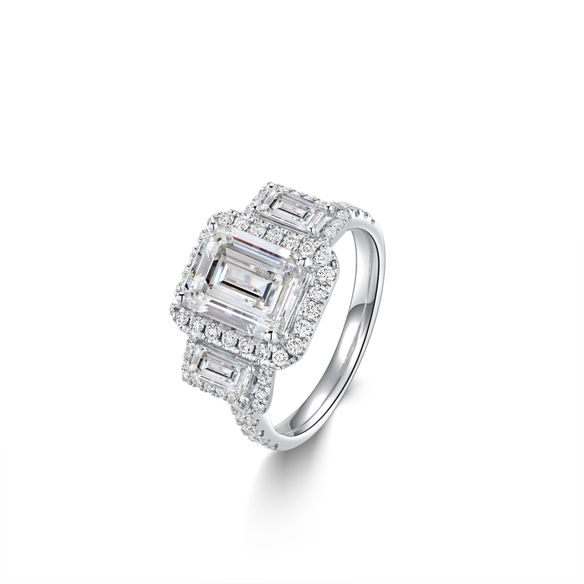2.5 Carat Center Stone Three Stone Halo Emerald Cut Lab Grown Diamond Engagement Ring (3.4 Ct Tw) -Light Mark