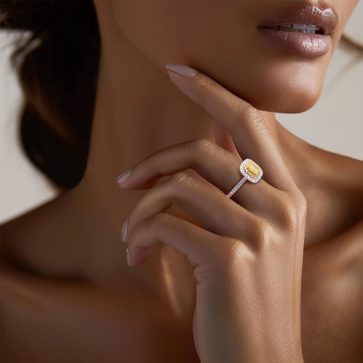 Halo Yellow Cushion Cut Lab Grown Diamond Engagement Ring in 18k Gold ( 1.2 Ct Tw)