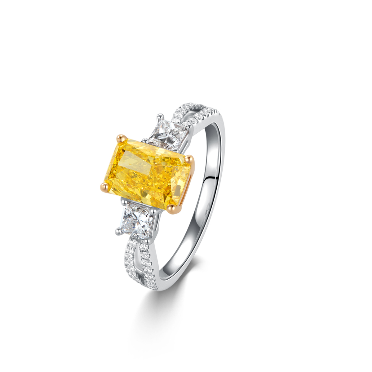 1.6 Carat Center Stone Yellow Radiant Cut Lab Grown Diamond Three Stone Engagement Ring (2.2 Ct Tw)-Light Mark