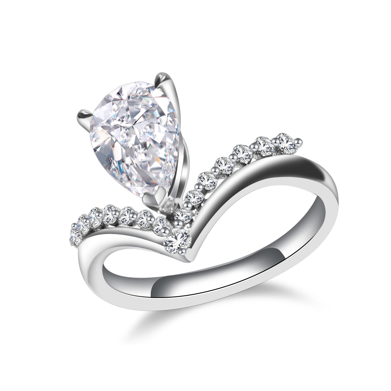 1.6 Carat Center Stone Pear Cut Lab Grown Diamond Deep V Shape Engagement Ring in 18k Gold (1.8 Ct Tw)