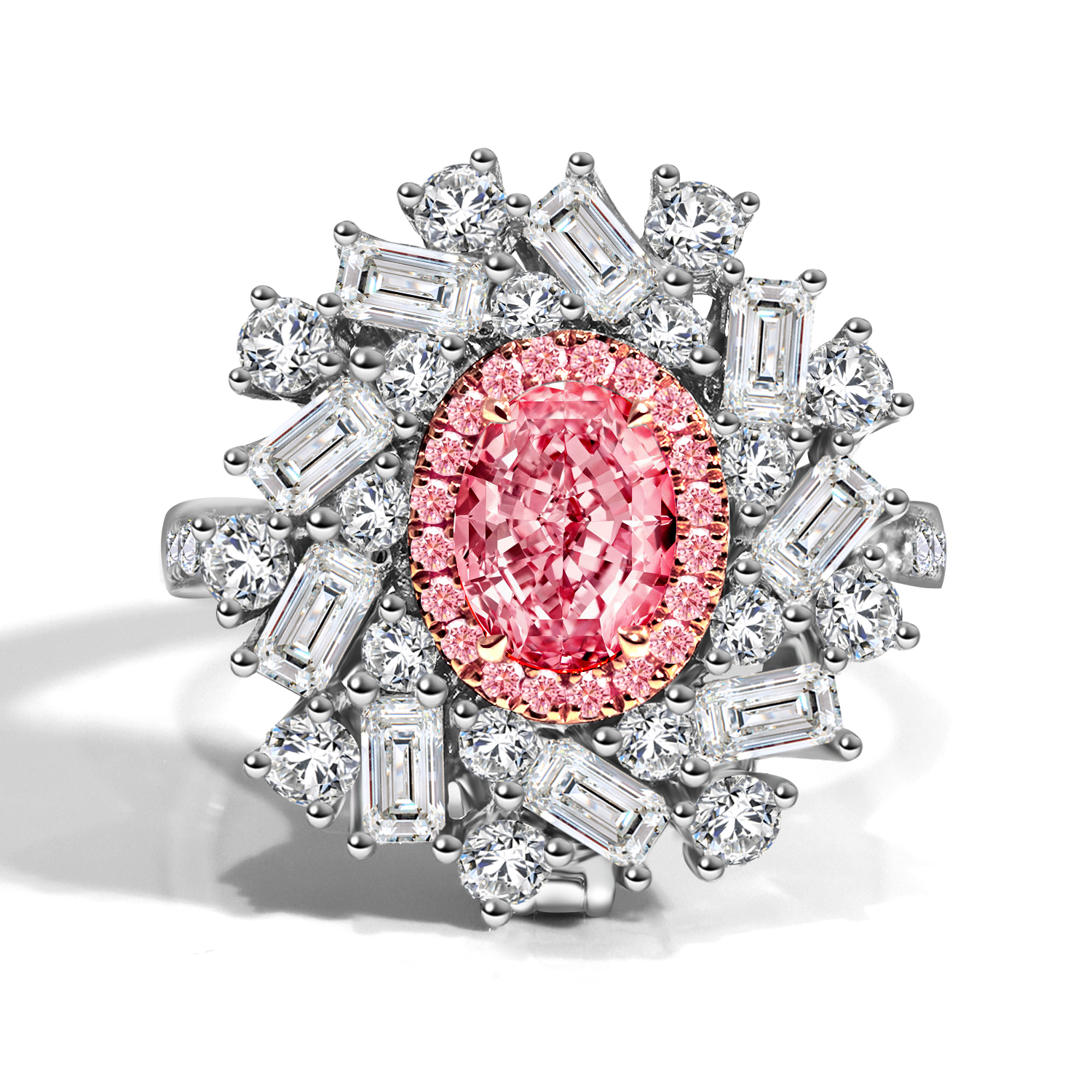 Baby's-breath 0.8 Carat Main Diamond Pink Lab Grown Diamond Radiant Halo Engagement Ring in 18K Gold (2.4 Ct Tw)