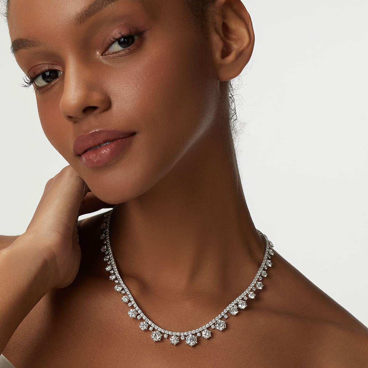30.7 Carat Total Weight Graduated Round Cut Dangle Lab Grown Diamond Drops Riviera Necklace-Light Mark