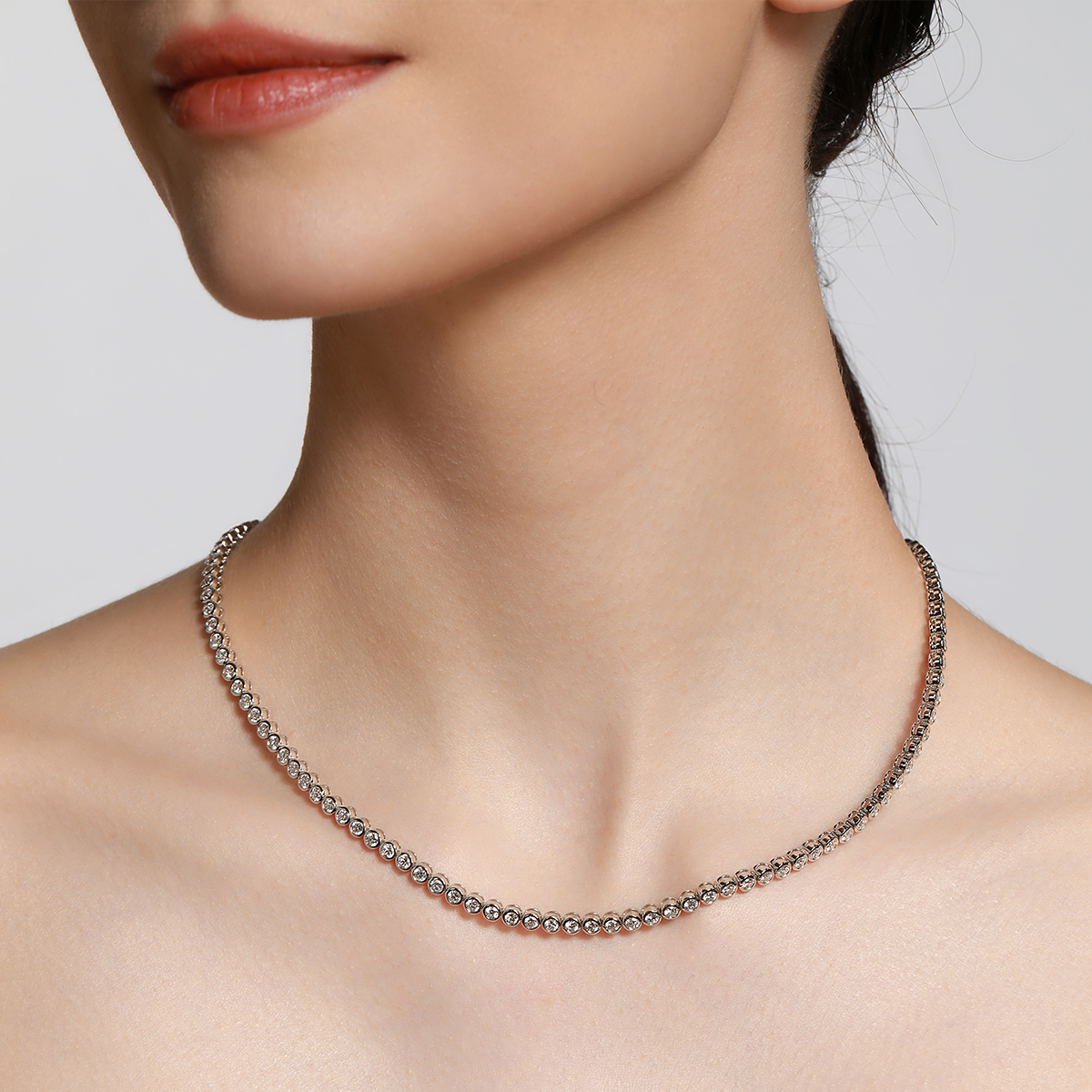 IGI Certified 7.9 Carat Round Cut Lab Grown Diamond Bezel Set Tennis Necklace in 18K White Gold
