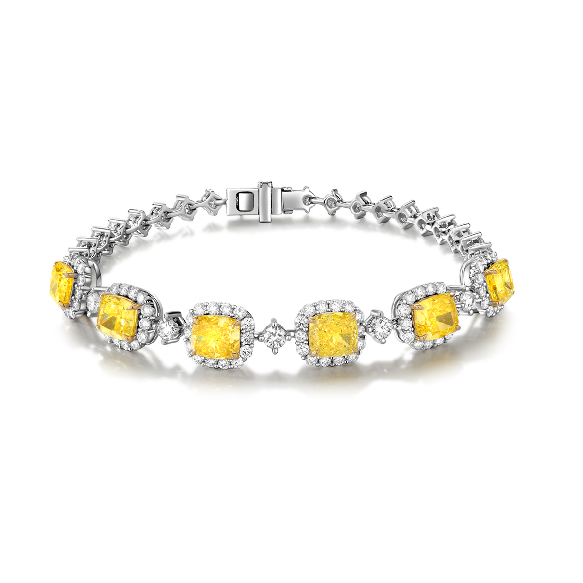8 Carat Total Weight Cushion Cut Yellow and White Two Tone Lab Grown Diamond Bracelet in 18k White Gold