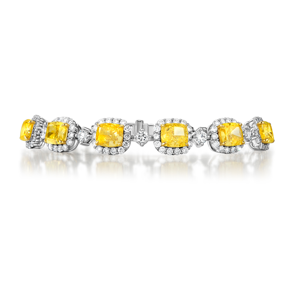 8 Carat Total Weight Cushion Cut Yellow and White Two Tone Lab Grown Diamond Bracelet in 18k White Gold
