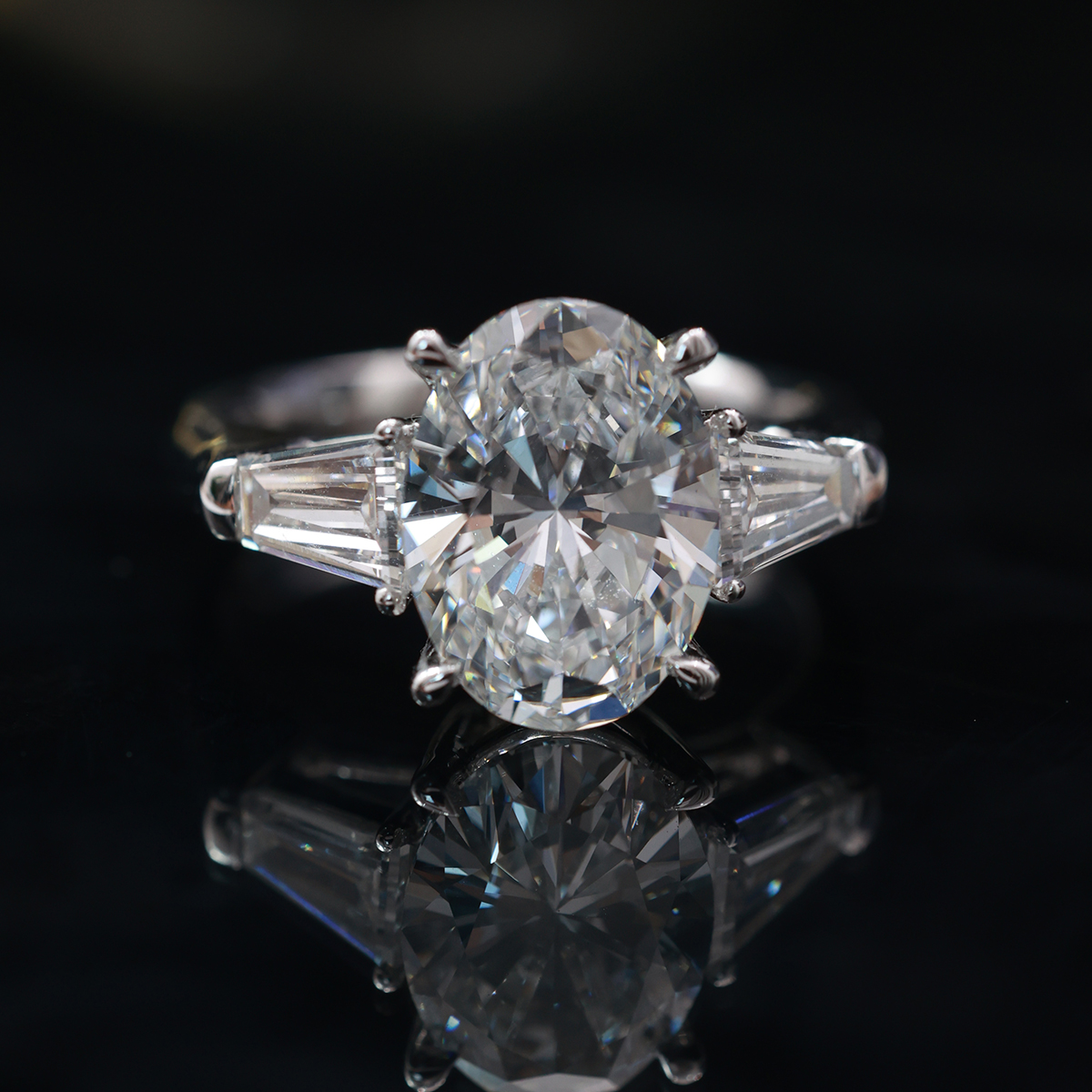 2.8 Ct. Tw. Oval Cut Lab Grown Diamond Modern Three Stone Design  Engagement Ring In 18k White Gold