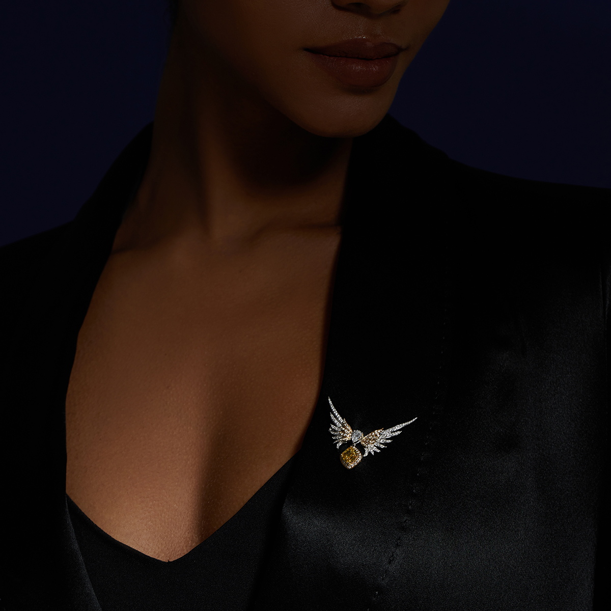 1.5 Carat Center Stone Cushion Cut Yellow Diamond Drop with Double Layers Diamond Victory Wings Brooch (2.5 Ct Tw)-Light Mark
