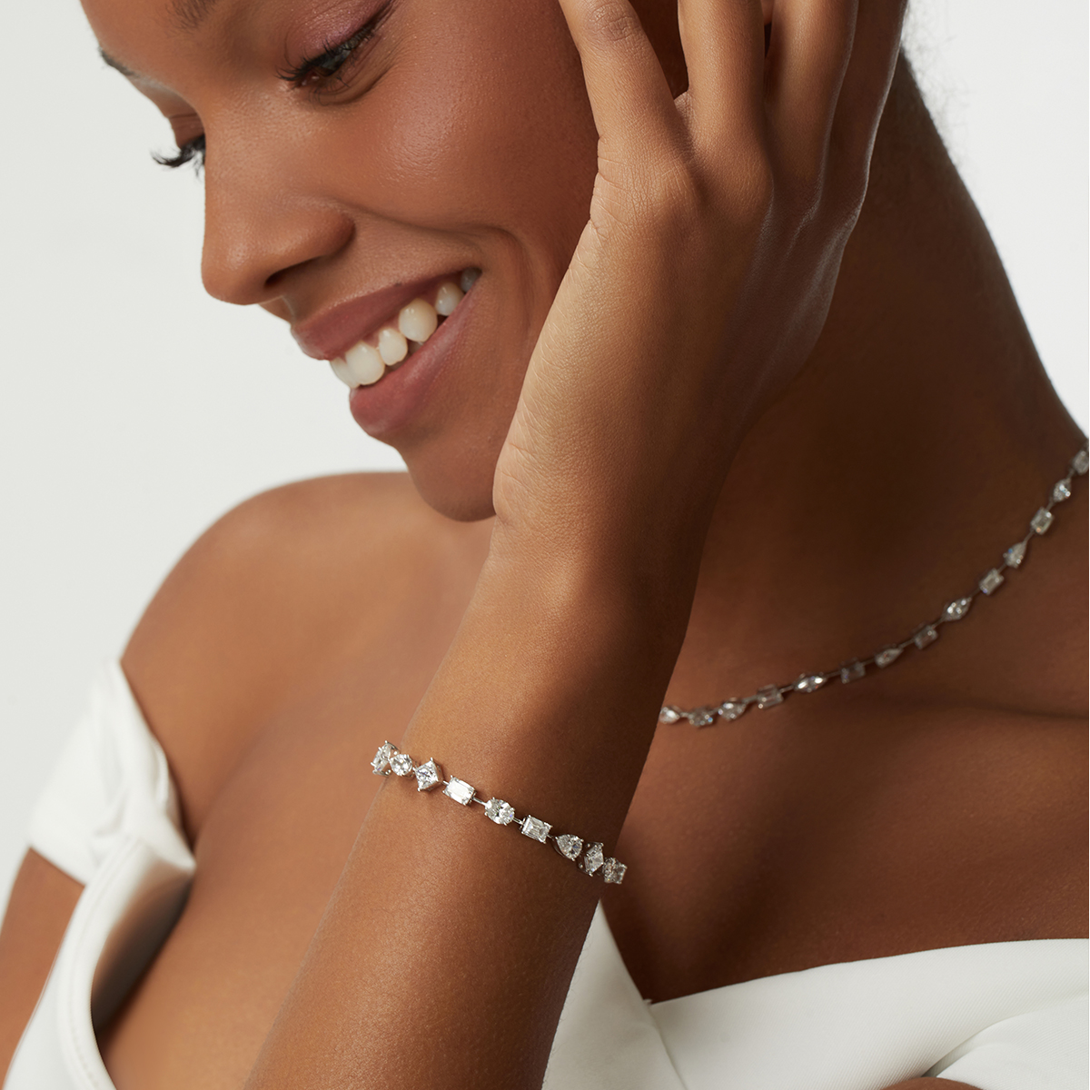10 Carat Total Weight Multi-shaped Lab Grown Diamond Tennis Bracelet in 18k White Gold