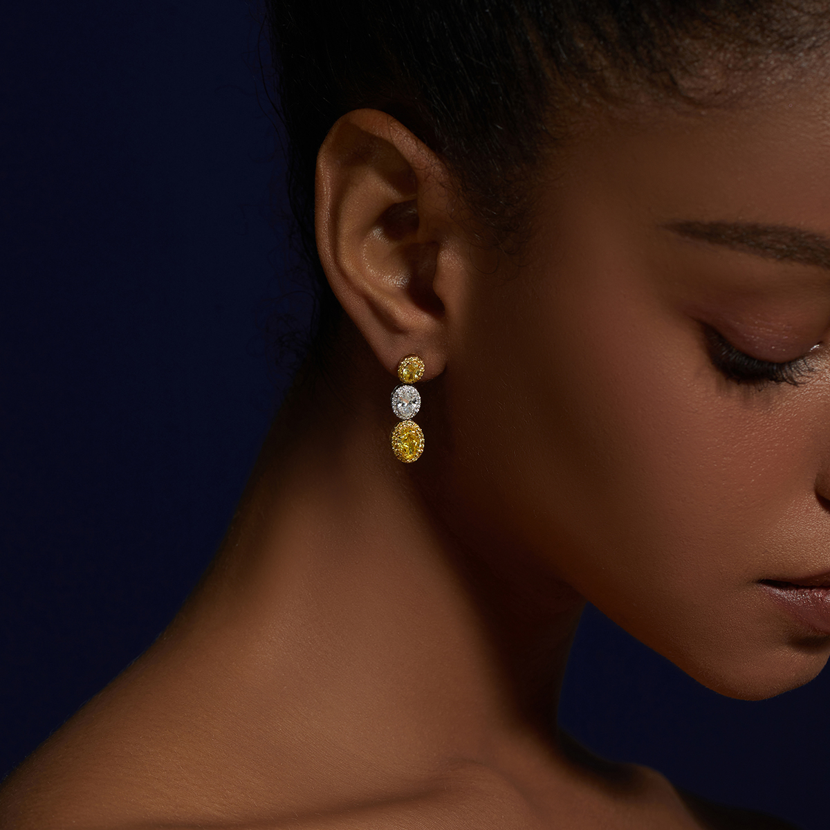4.4 Carat Total Weight Halo Oval Three Stone Yellow and White Lab Grown Diamond Drop Earrings-Light Mark