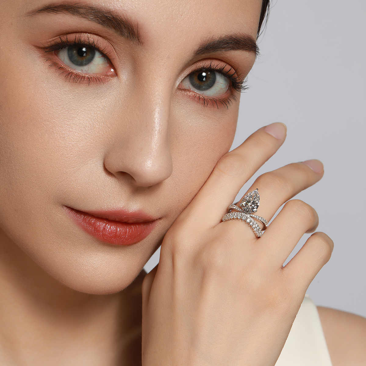 3.1 Carat Tw. Pear Cut Lab Grown Diamond Split Shank Engagement Ring In 18k White Gold