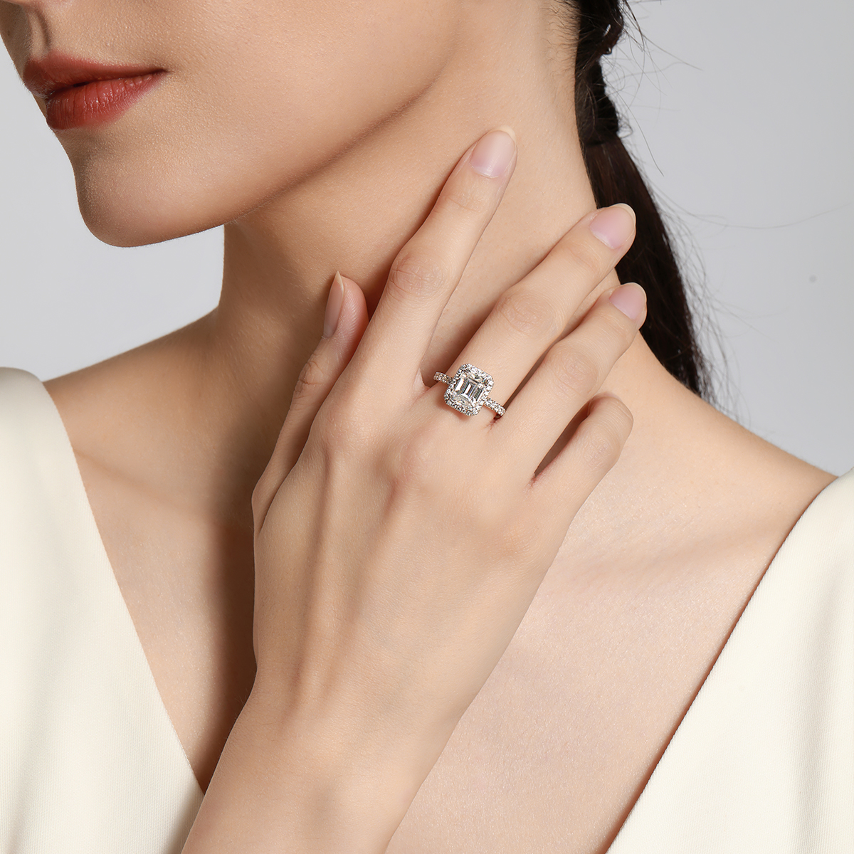 3 Carat Center Stone Halo Emerald Cut Lab Grown Diamond Engagement Ring (3.6 Ct Tw)-Light Mark