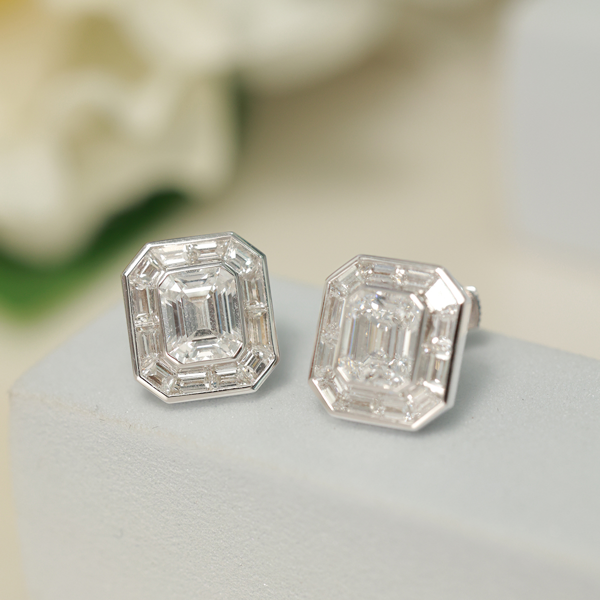 3.6 Carat Total Weight Halo Emerald Cut Lab Grown Diamond Stud Earrings 