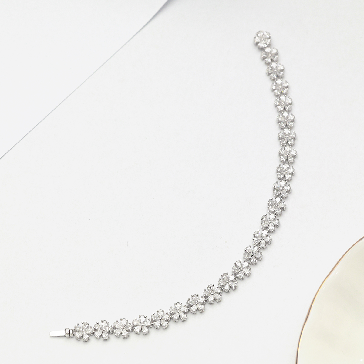 5.9 Carat Total Weight Five Petal Pear Cut Lab Grown Diamond Floral Tennis Bracelet-Light Mark