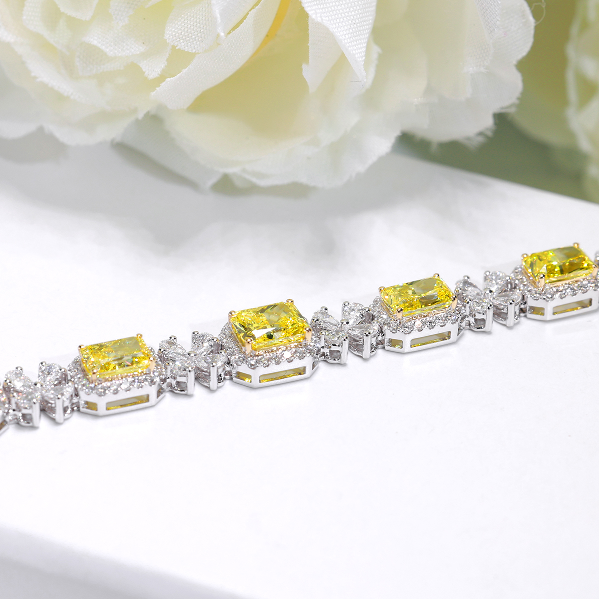 10.3 Carat Total Weight Halo Yellow Radiant Cut Lab Grown Diamond Floral Cocktail Bracelet -Light Mark