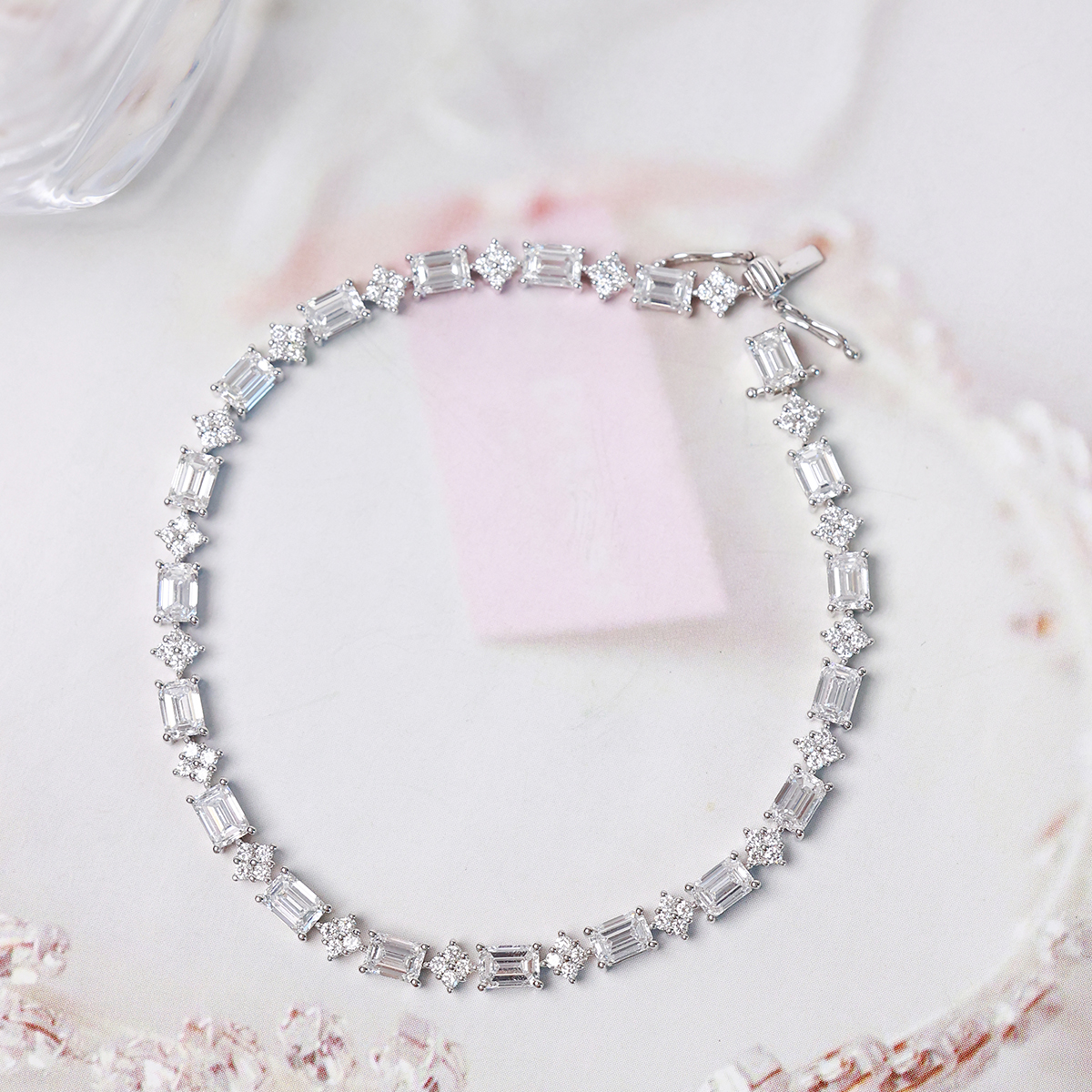 5.5 Carat Total Weight Emerald Cut and Round Cut Lab Grown Diamond Flower Cluster Bracelet-Light Mark