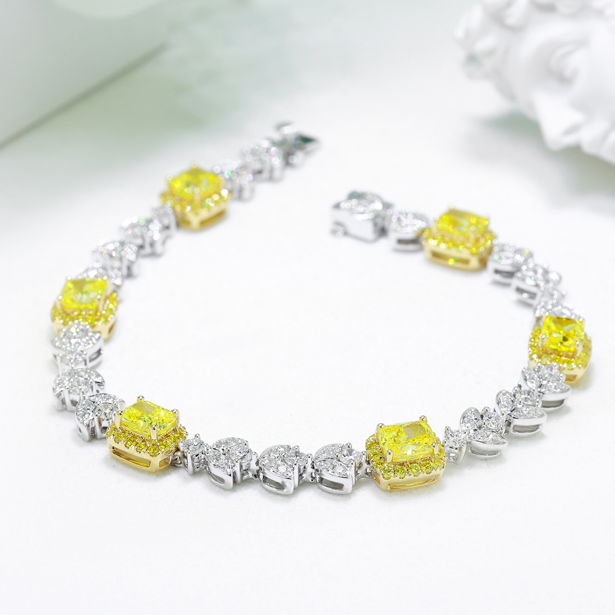 5.3 Carat Total Weight Halo Yellow Radiant Cut Lab Grown Diamond Mix Shape Cocktail Bracelet-Light Mark