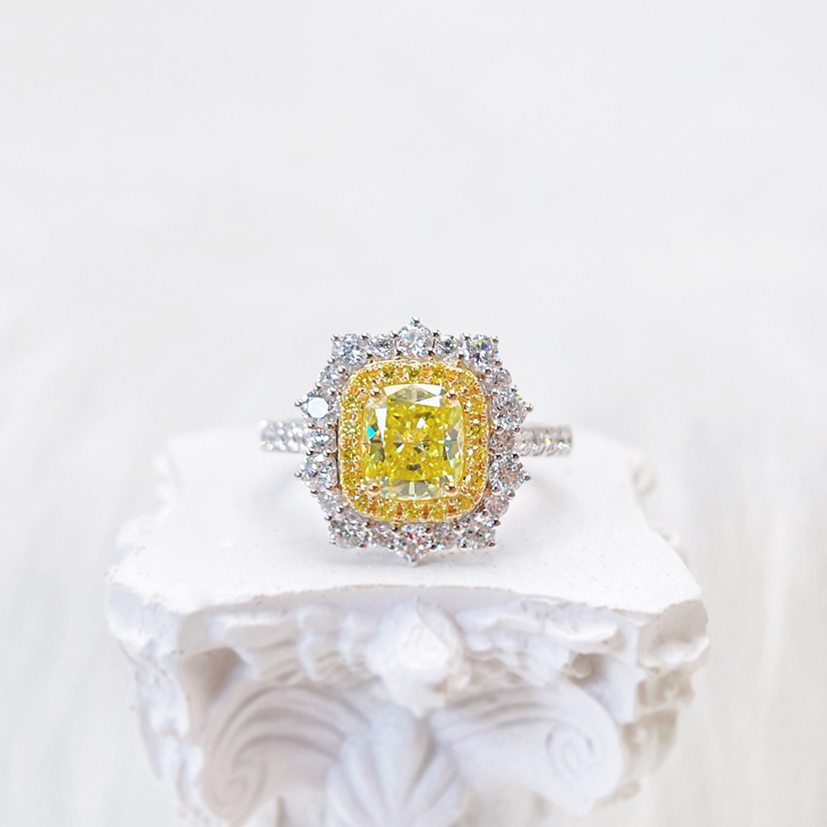 1.4 Carat Total Weight Yellow Radiant Cut Lab Grown Diamond Halo Engagement Ring in 18k White Gold