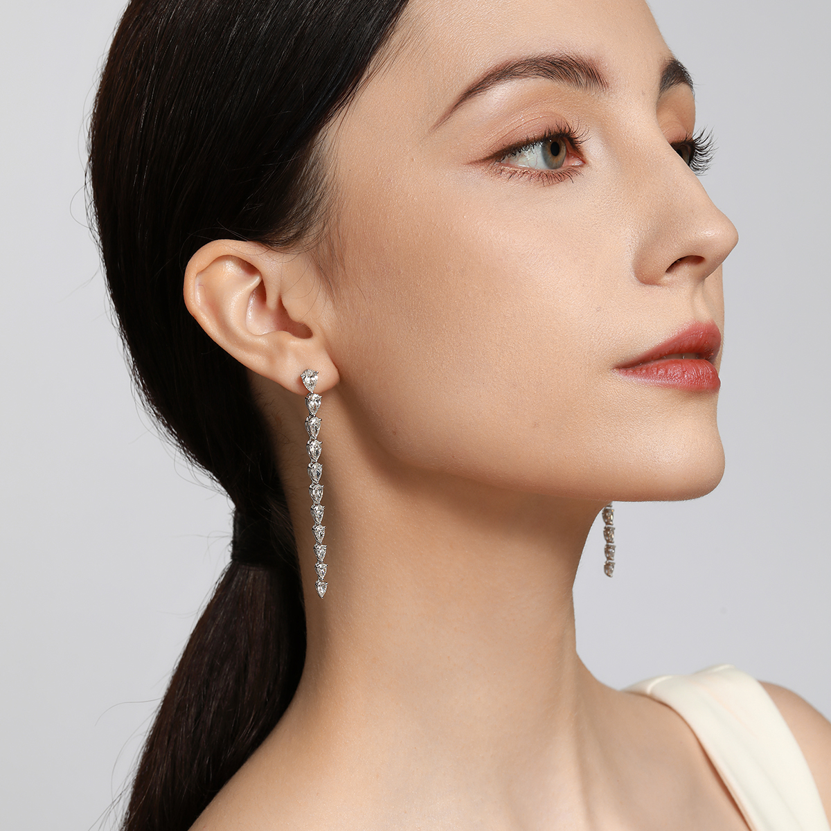 7.3 Total Carat Weight Pear Shape Lab Diamond Linear Drop Earrings in 18k White Gold 