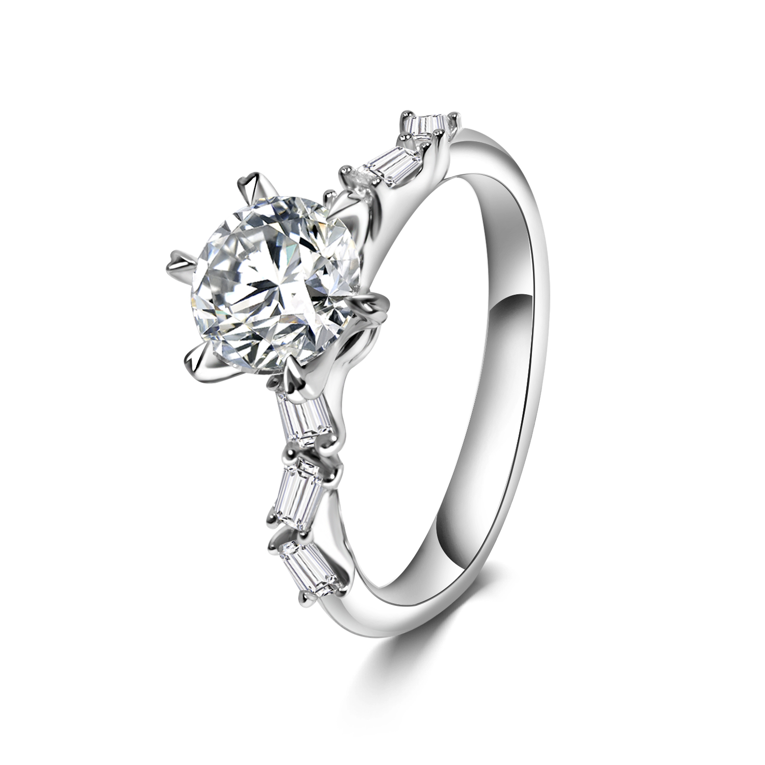 Round Cut Lab Grown Diamond With Geometric Accent Baguette Diamond Band Engagement Ring In 18k Gold
