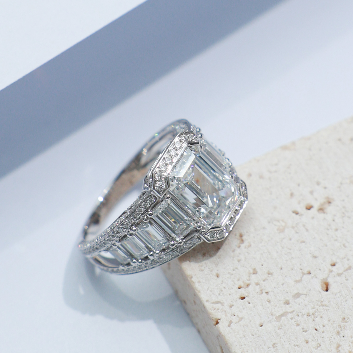 3 Carat Center Stone Emerald Cut Lab Grown Diamond Designer Split Shank Engagement Ring (4.7 Ct Tw)-Light Mark