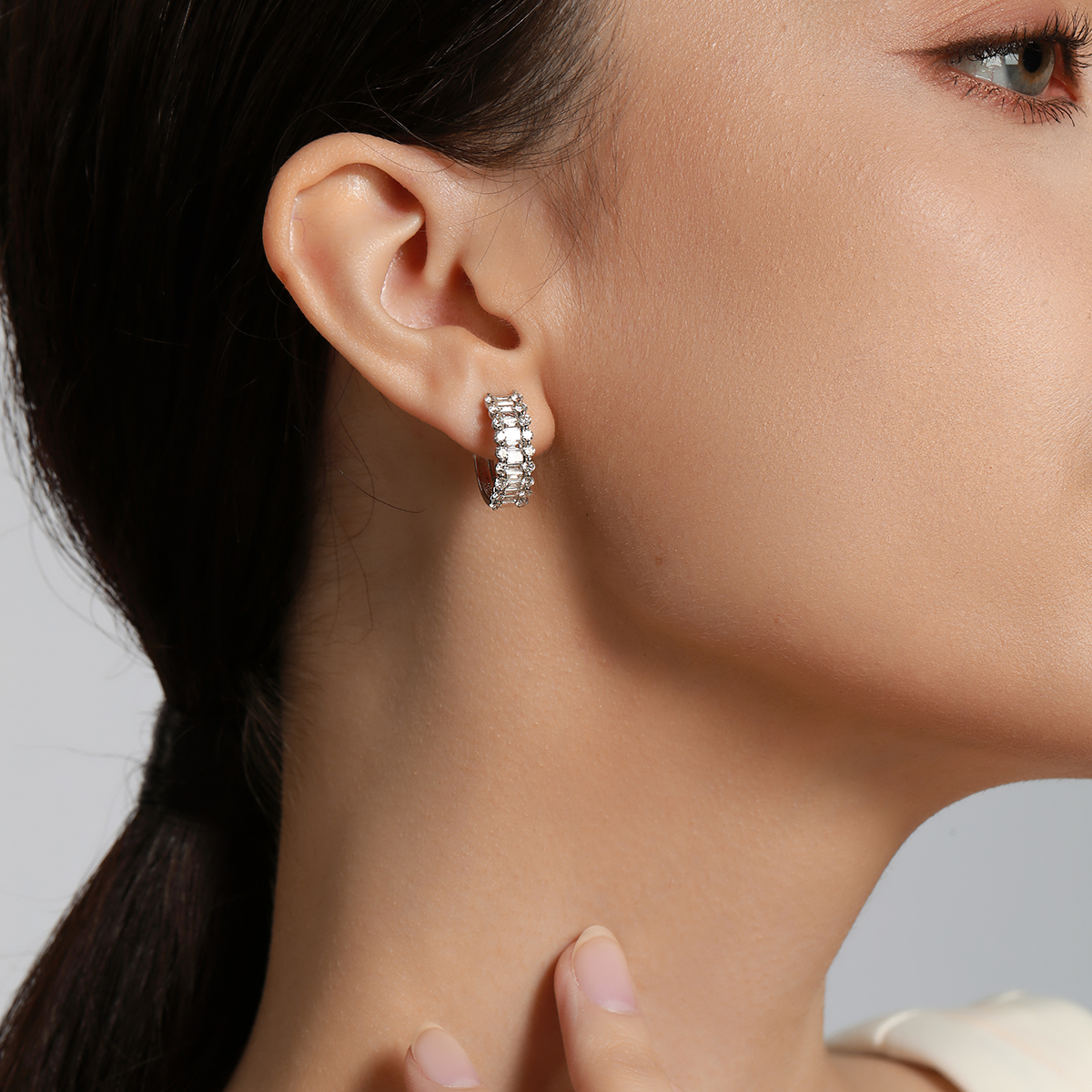 1.8 Carat Total Weight Baguette and Round Shape Lab Grown Diamond Huggies Earrings In 18k White Gold