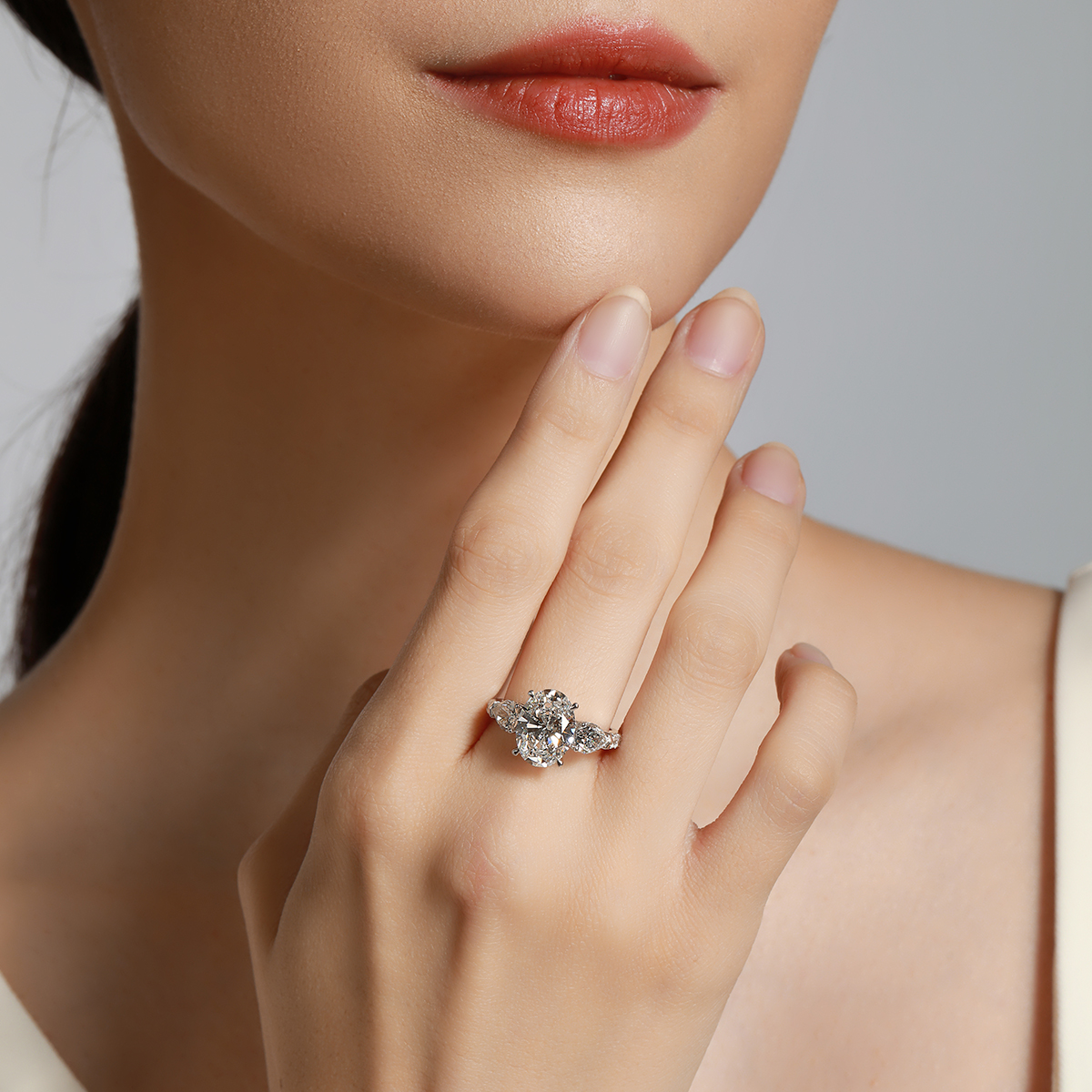 3 Carat Center Stone Oval Cut Three Stone Lab Grown Diamond Hidden Halo Engagement Ring  (4.9 Ct Tw)-Light Mark