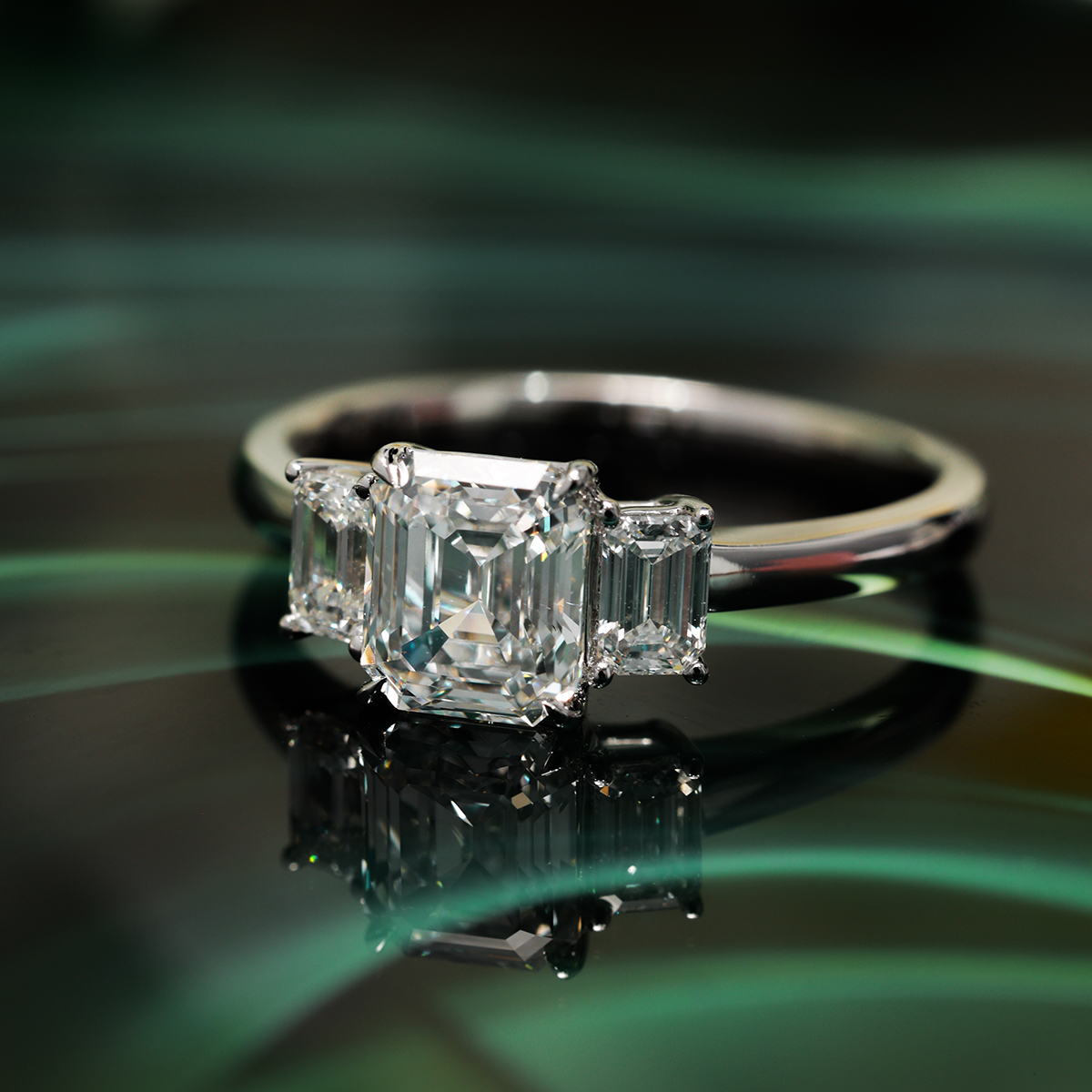  3 Carat Center Stone Emerald Cut Lab Grown Diamond Three Stone Design Engagement Ring (3.5 Ct Tw)-Light Mark