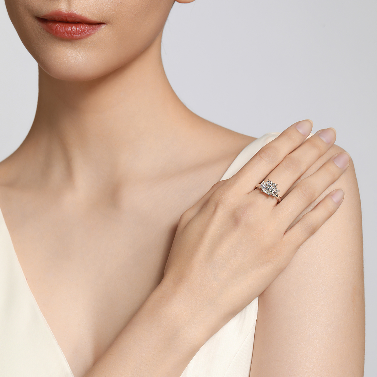  3 Carat Center Stone Emerald Cut Lab Grown Diamond Three Stone Design Engagement Ring (3.5 Ct Tw)-Light Mark