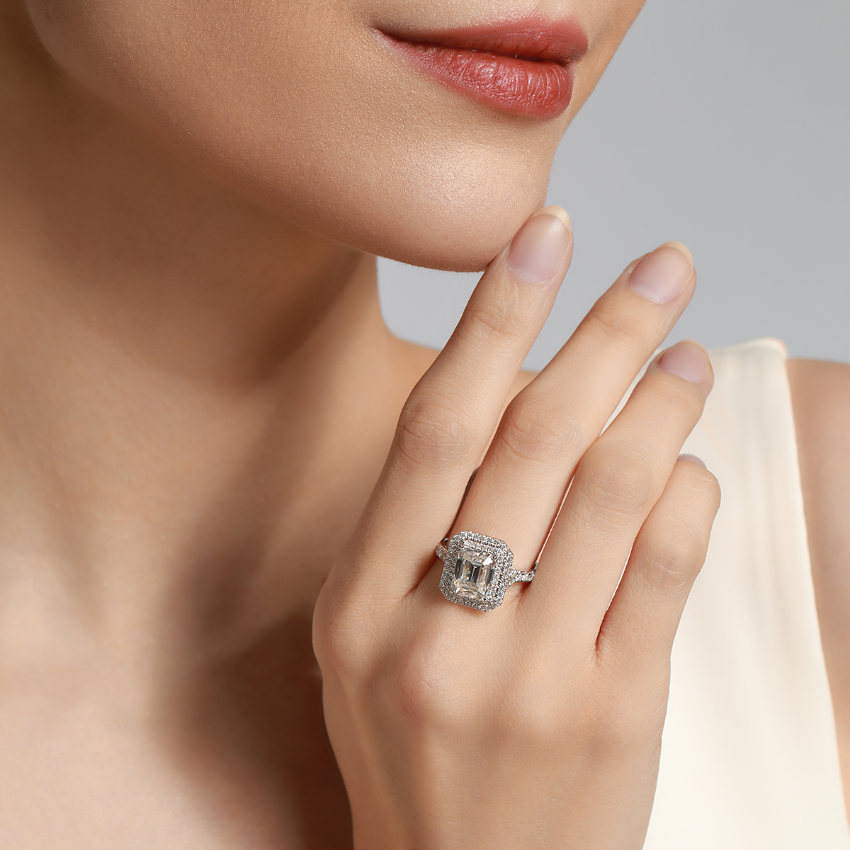 IGI Certificated 3 Carat Double Halo Emerald Cut Lab Grown Diamond Engagement Ring In 18k White Gold (3.7 Ct. Tw)-Light Mark