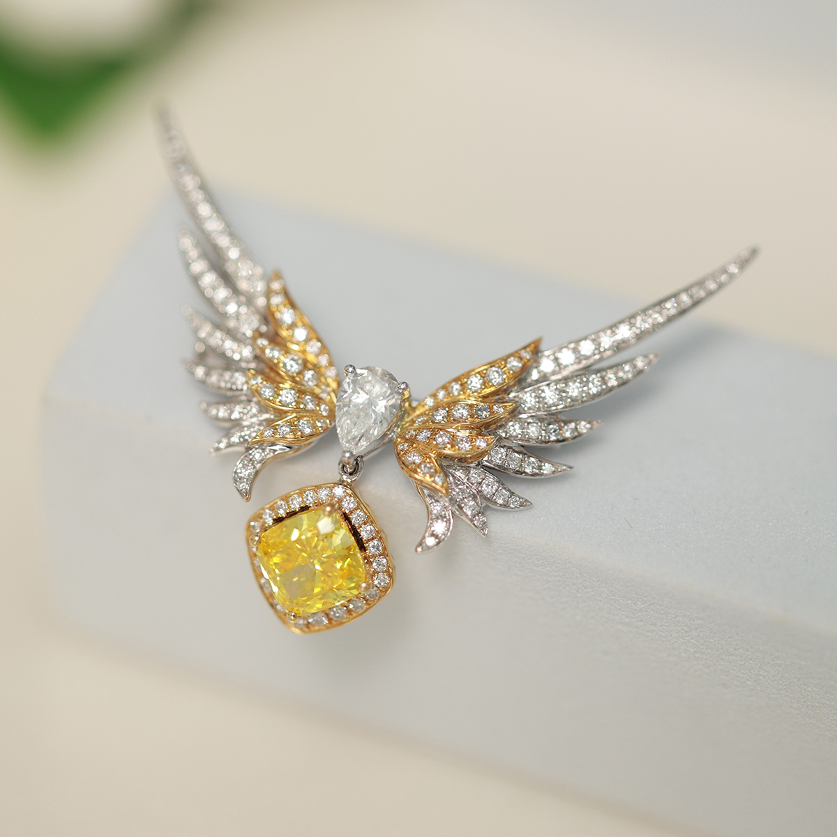 1.5 Carat Center Stone Cushion Cut Yellow Diamond Drop with Double Layers Diamond Victory Wings Brooch (2.5 Ct Tw)-Light Mark
