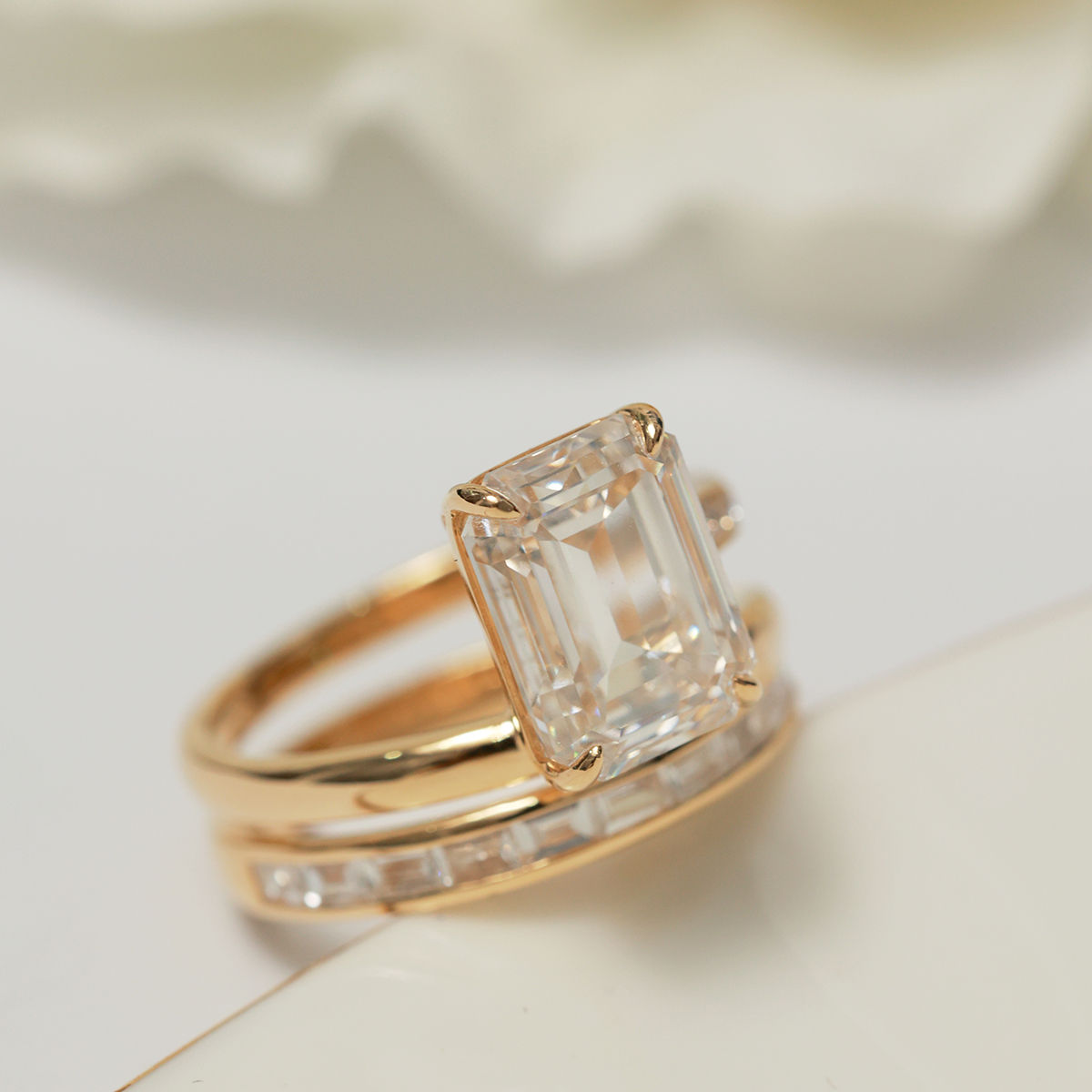 4 Carat Center Stone Emerald Cut Lab Grown Diamond Modern East West Engagement Ring  (4.5 Ct Tw)-Light Mark